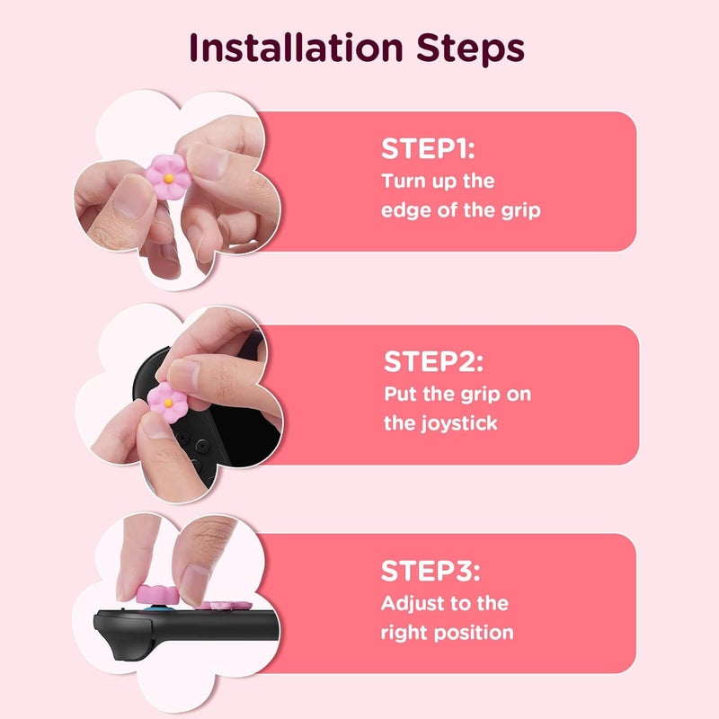 Jemdo Thumb Grips & Button Caps Set Compatible with Nintendo Switch 2 (2025) – 7pcs Pink/Blue Flower Silicone Joystick Caps and Button Covers, Cute & Comfortable Controller Stick Gifts for Girl & Kids - Image 3